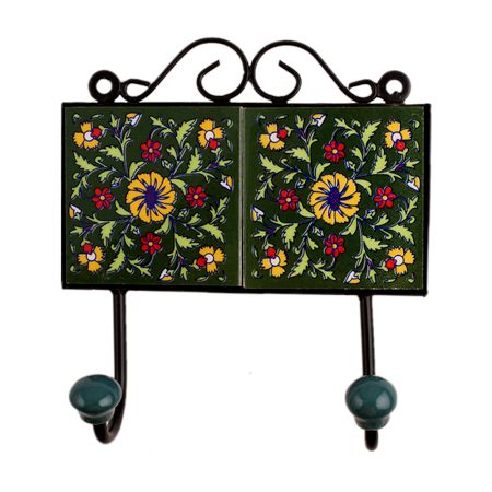 Green Floral Ceramic Tiles Hooks-463 (Set Of Ine Piece)